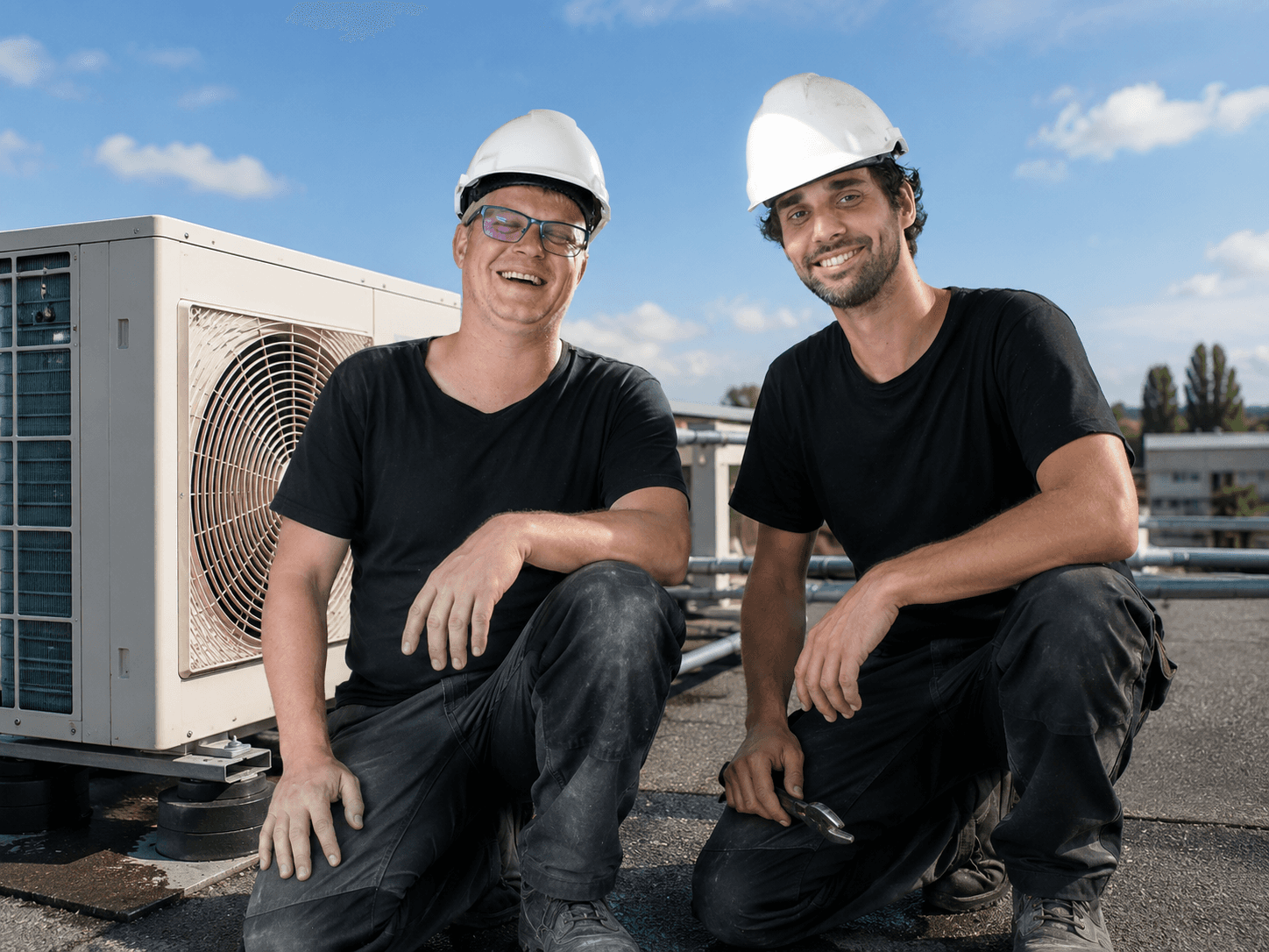 Monteurs van Kurios Service op een dak bij een klimaatinstallatie